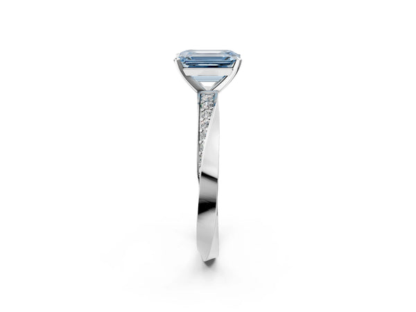 Platinum Fancy Blue Emerald Cut Diamond Engagement Ring with Side Stone Accents and Four-Prong Setting