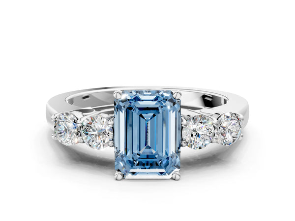 Platinum Fancy Blue Emerald  Cut Diamond Five-Stone Prong Set White Gold Ring