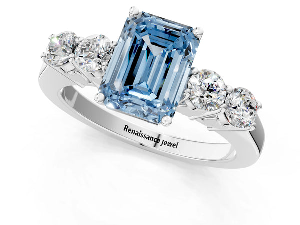 Platinum Fancy Blue Emerald  Cut Diamond Five-Stone Prong Set White Gold Ring