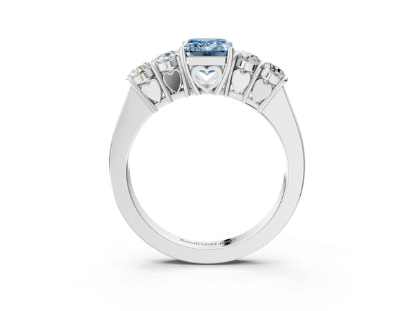 Platinum Fancy Blue Emerald  Cut Diamond Five-Stone Prong Set White Gold Ring