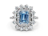 White gold Fancy Blue Emerald Cut Diamond Floral Double Halo Engagement Ring with Prong Setting_1