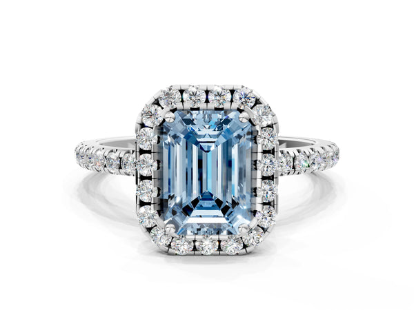 Platinum Fancy Blue Emerald  Cut Diamond Floral Halo Engagement Ring with Pavé Band and Prong Setting