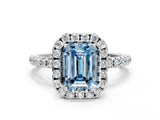White gold Fancy Blue Emerald  Cut Diamond Floral Halo Engagement Ring with Pavé Band and Prong Setting_37