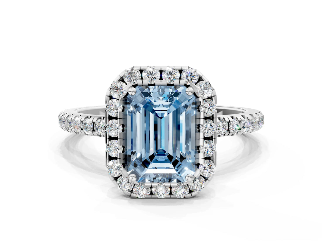 White gold Fancy Blue Emerald  Cut Diamond Floral Halo Engagement Ring with Pavé Band and Prong Setting_37