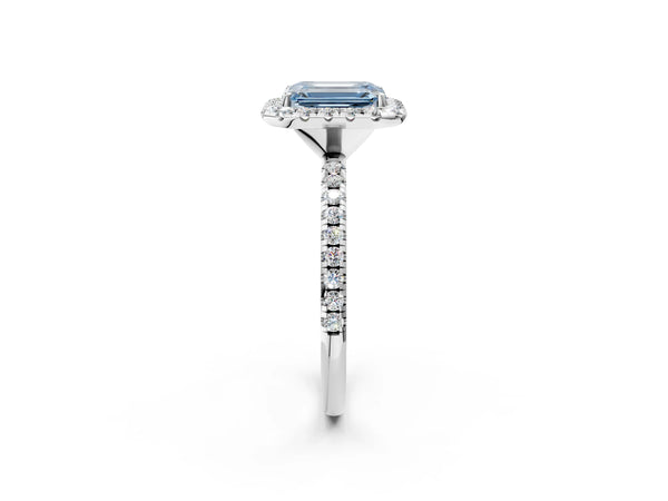Platinum Fancy Blue Emerald  Cut Diamond Floral Halo Engagement Ring with Pavé Band and Prong Setting