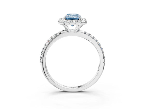 Platinum Fancy Blue Emerald  Cut Diamond Floral Halo Engagement Ring with Pavé Band and Prong Setting