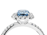 White gold Fancy Blue Emerald  Cut Diamond Floral Halo Engagement Ring with Pavé Band and Prong Setting_41