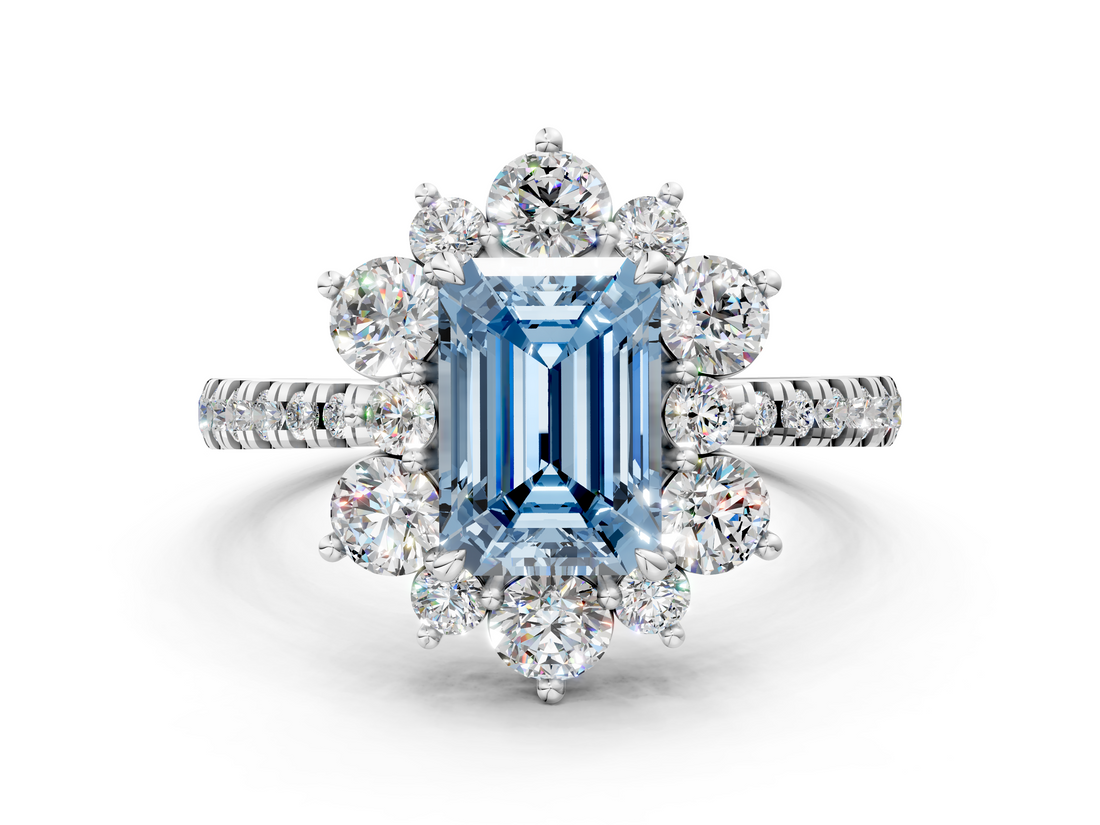 White gold Fancy Blue Emerald  Cut Diamond Floral Halo Pave Band with Prong Setting_36