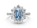 White gold Fancy Blue Emerald  Cut Diamond Floral Halo Pave Band with Prong Setting_37