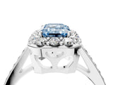 White gold Fancy Blue Emerald Cut Diamond Floral Halo Ring with Pavé Band and Prong Setting_11