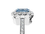 White gold Fancy Blue Emerald Cut Diamond Floral Halo Ring with Pavé Band and Prong Setting_12