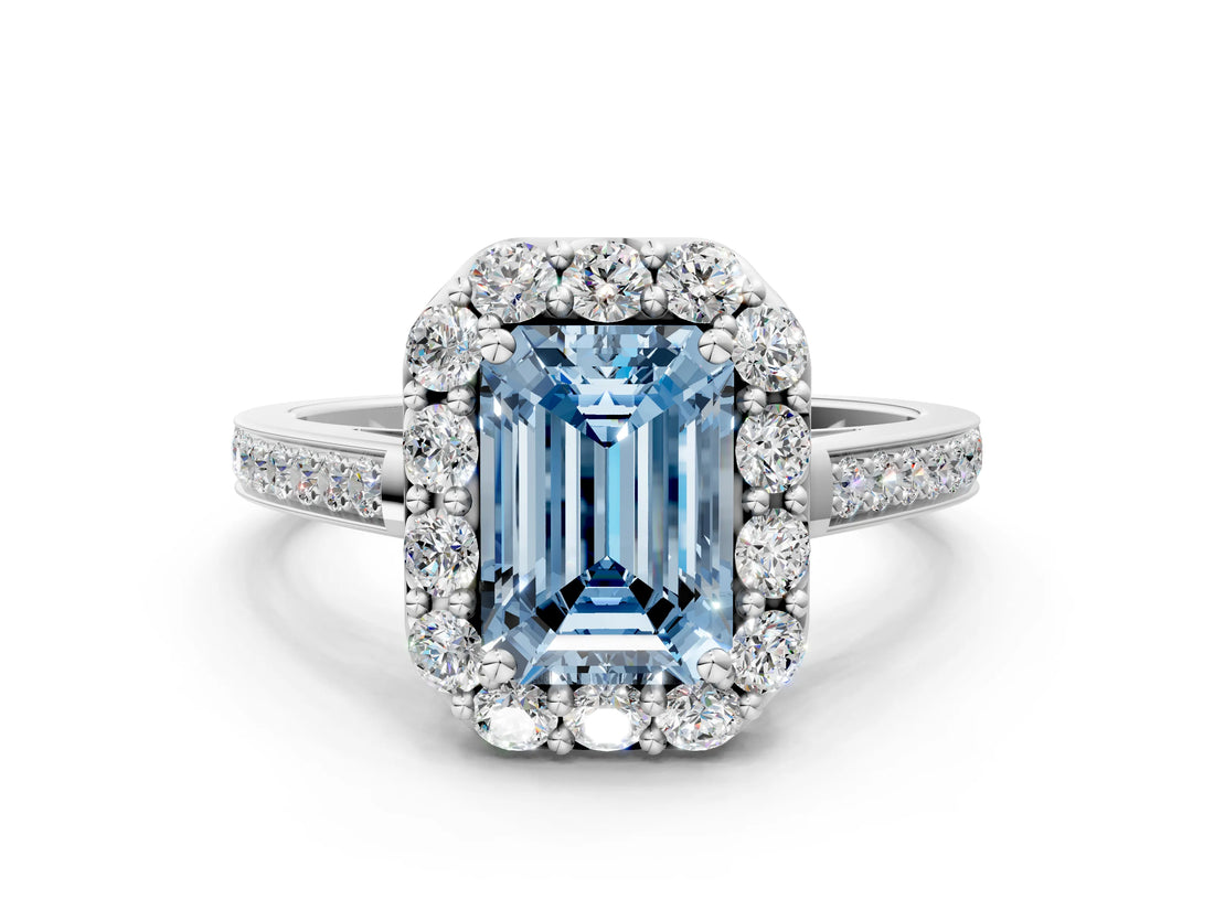 White gold Fancy Blue Emerald Cut Diamond Floral Halo Ring with Pavé Band and Prong Setting_7