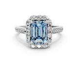 White gold Fancy Blue Emerald Cut Diamond Floral Halo Ring with Pavé Band and Prong Setting_7