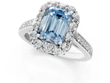 White gold Fancy Blue Emerald Cut Diamond Floral Halo Ring with Pavé Band and Prong Setting_8