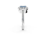White gold Fancy Blue Emerald Cut Diamond Floral Halo Ring with Pavé Band and Prong Setting_9