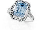 White gold Fancy Blue Emerald Cut Diamond Floral Halo Split Shank Prong Setting Ring_1