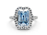 White gold Fancy Blue Emerald Cut Diamond Floral Halo Split Shank Prong Setting Ring