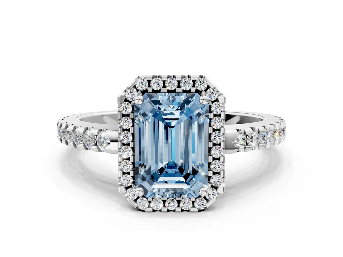 White gold Fancy Blue Emerald Cut Diamond Halo Engagement Ring with Pavé Band and Prong Setting_39