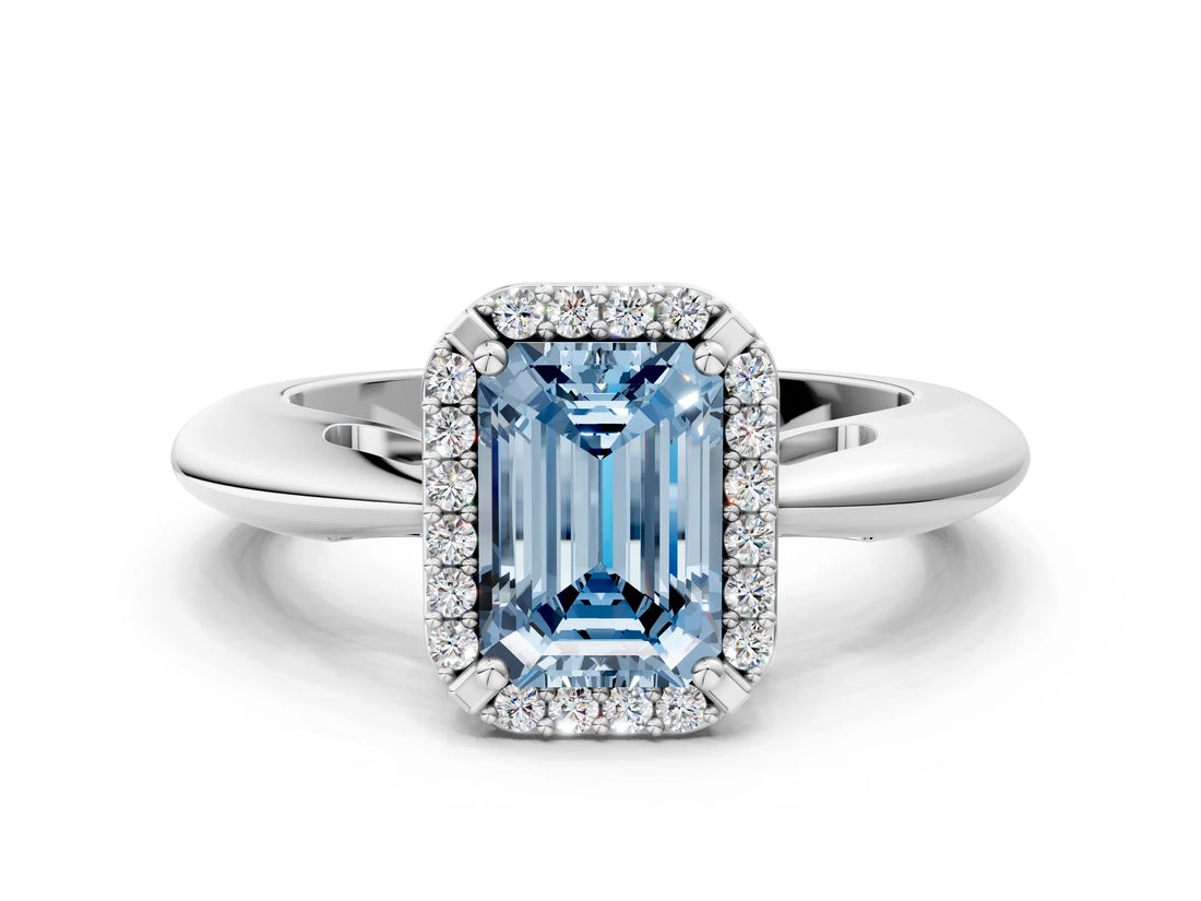 White gold Fancy Blue Emerald  Cut Diamond Halo Engagement Ring with Split Shank and Four-Prong Setting_106