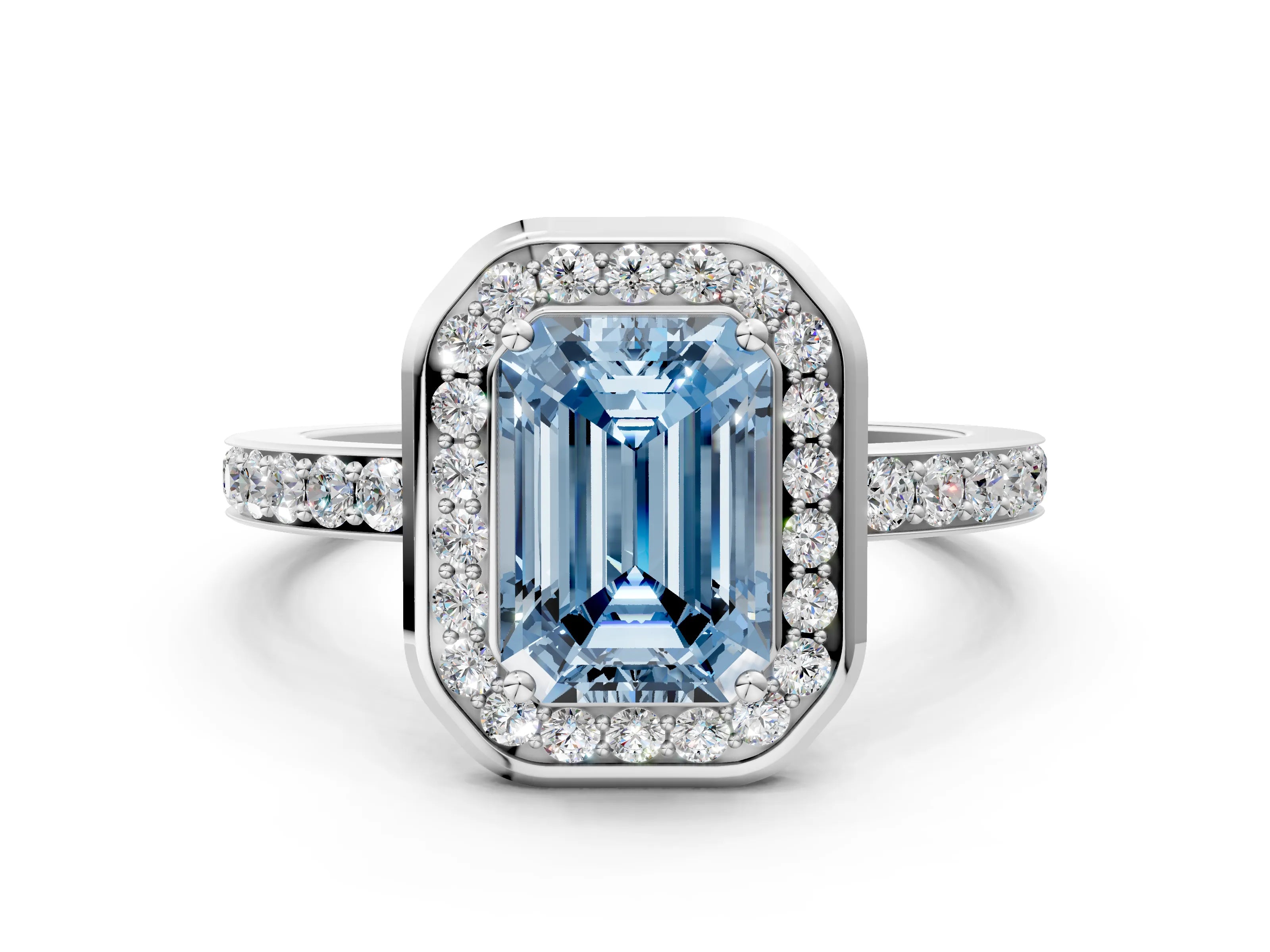 White gold Fancy Blue Emerald Cut Diamond Halo Ring with Bezel Frame and Pavé Band