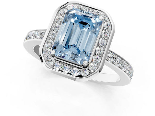 White gold Fancy Blue Emerald Cut Diamond Halo Ring with Bezel Frame and Pavé Band