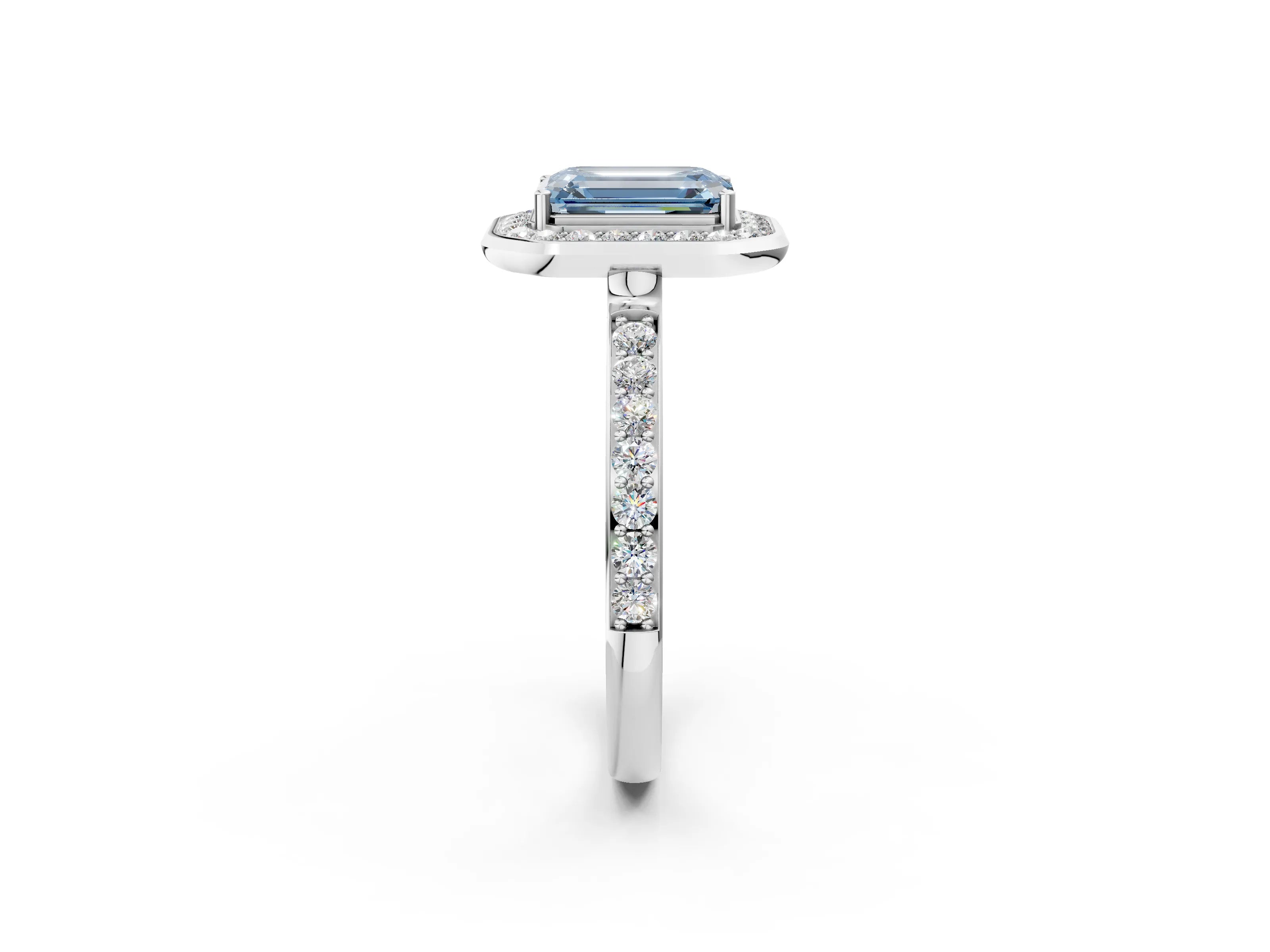 White gold Fancy Blue Emerald Cut Diamond Halo Ring with Bezel Frame and Pavé Band_2