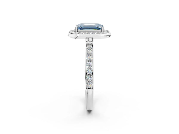 White gold Fancy Blue Emerald Cut Diamond Halo Ring with Bezel Frame and Pavé Band