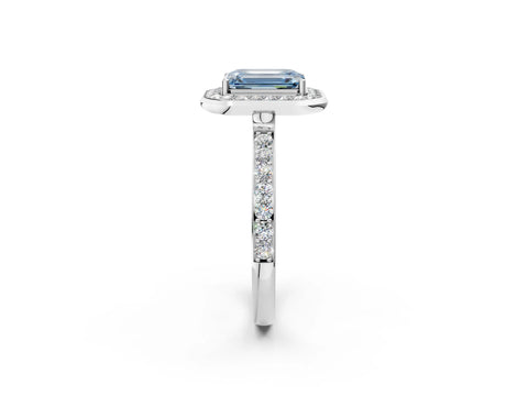 White gold Fancy Blue Emerald Cut Diamond Halo Ring with Bezel Frame and Pavé Band_2