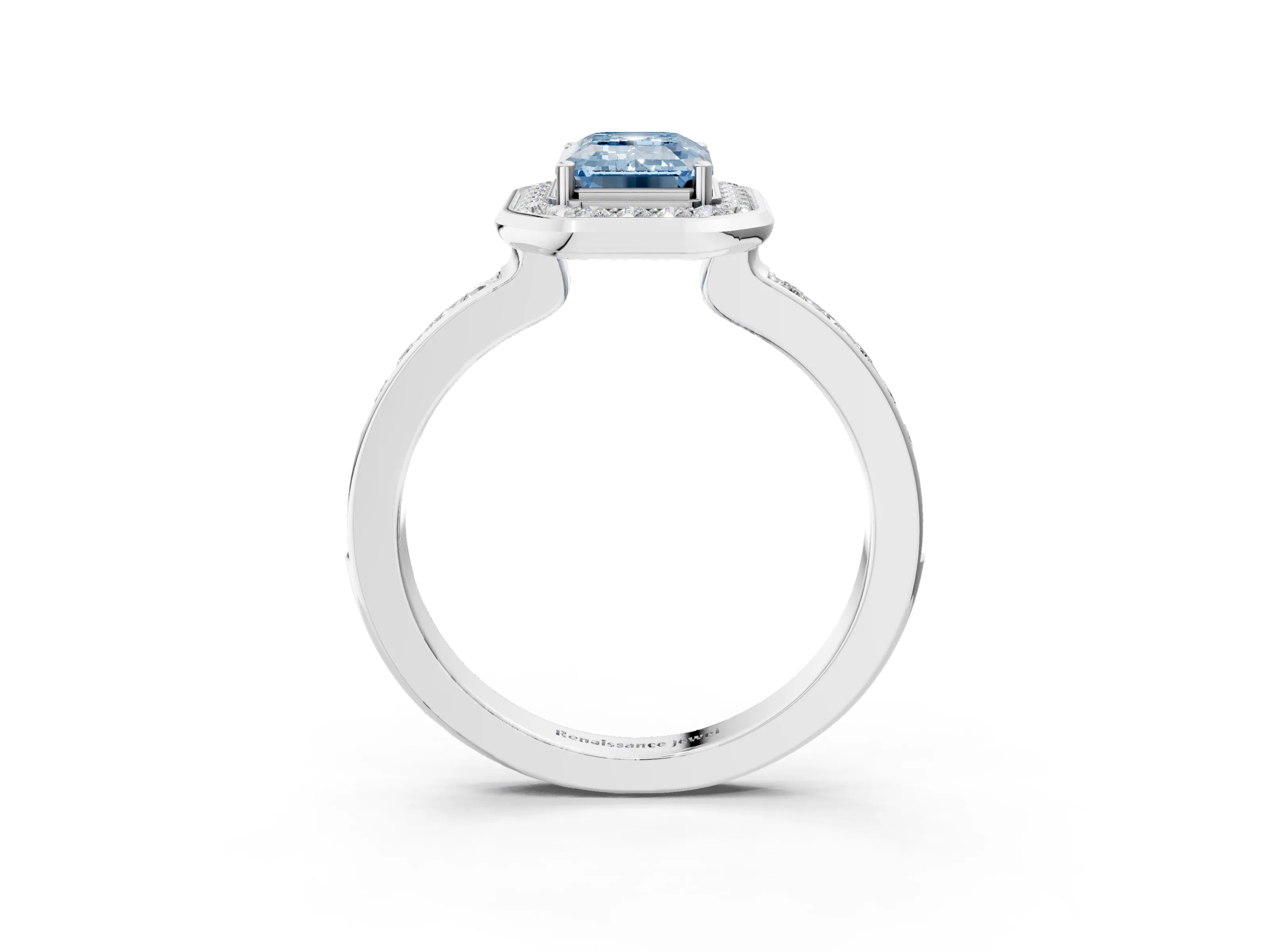 White gold Fancy Blue Emerald Cut Diamond Halo Ring with Bezel Frame and Pavé Band_3