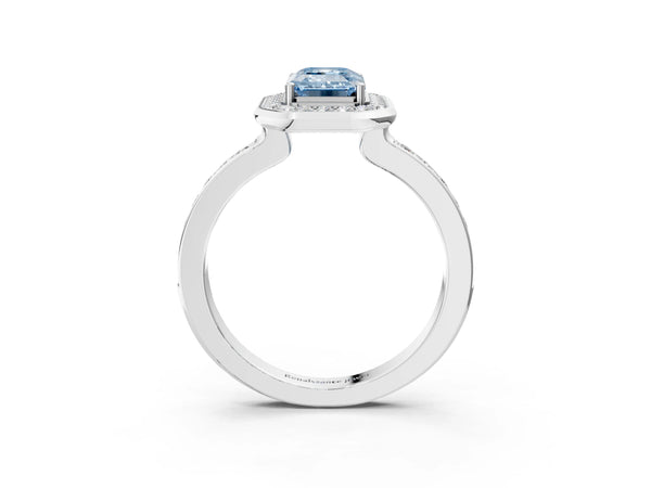 White gold Fancy Blue Emerald Cut Diamond Halo Ring with Bezel Frame and Pavé Band