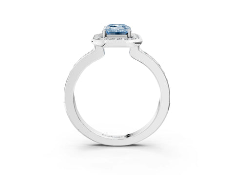 White gold Fancy Blue Emerald Cut Diamond Halo Ring with Bezel Frame and Pavé Band_3