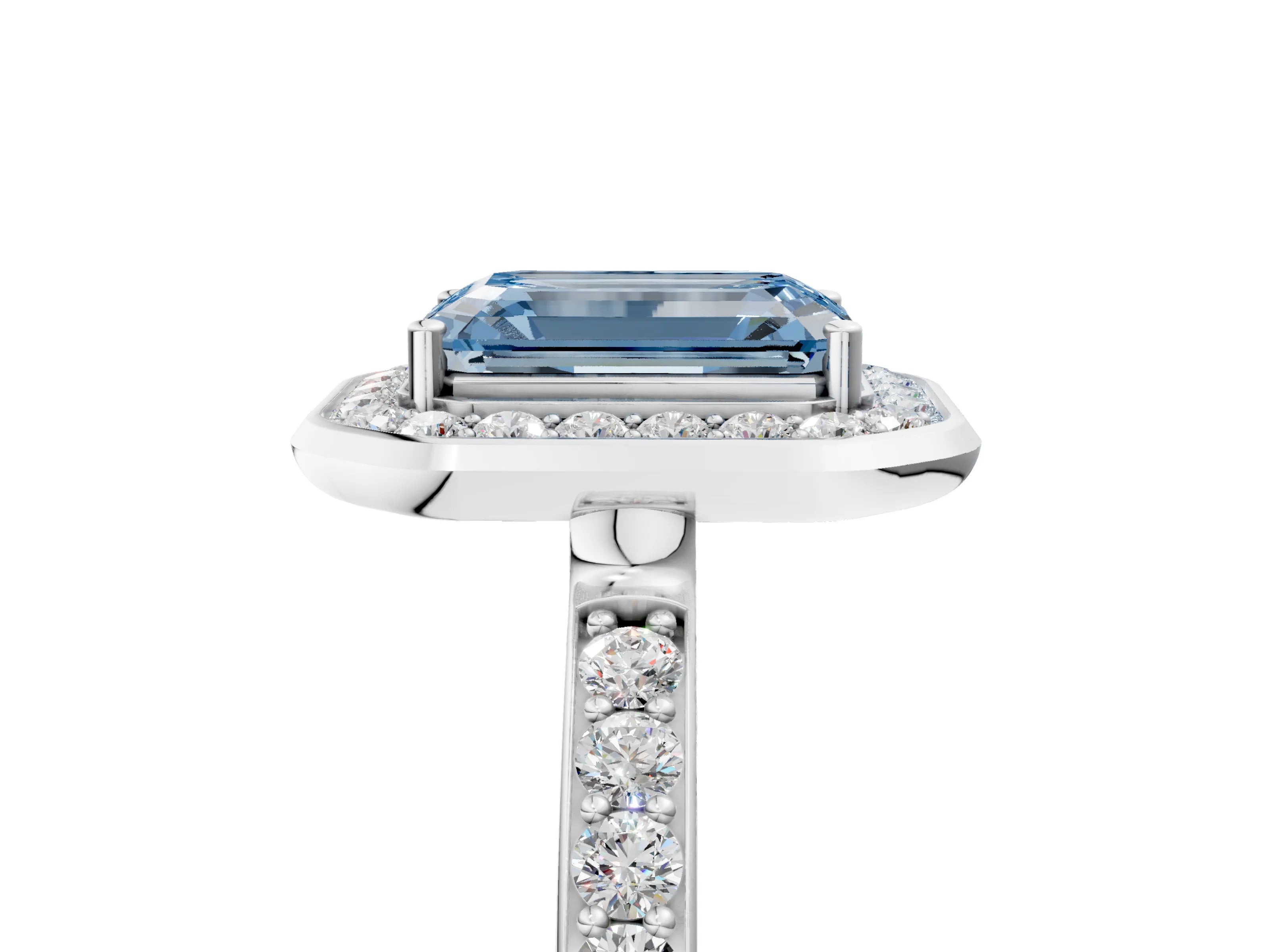 White gold Fancy Blue Emerald Cut Diamond Halo Ring with Bezel Frame and Pavé Band_5