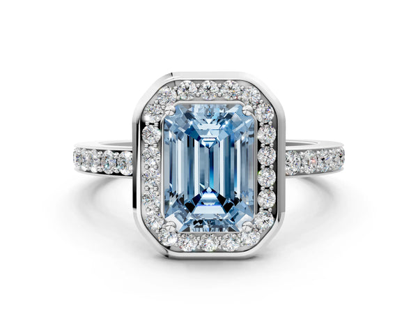 White gold Fancy Blue Emerald Cut Diamond Halo Ring with Bezel Frame and Pavé Band