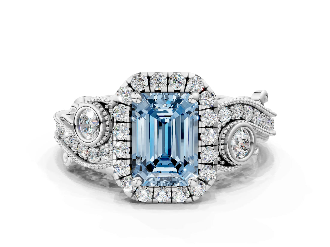 White gold Fancy Blue Emerald Cut Diamond Halo Ring with Milgrain Pavé Band and Four-Prong Setting_49