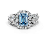 White gold Fancy Blue Emerald Cut Diamond Halo Ring with Milgrain Pavé Band and Four-Prong Setting_49