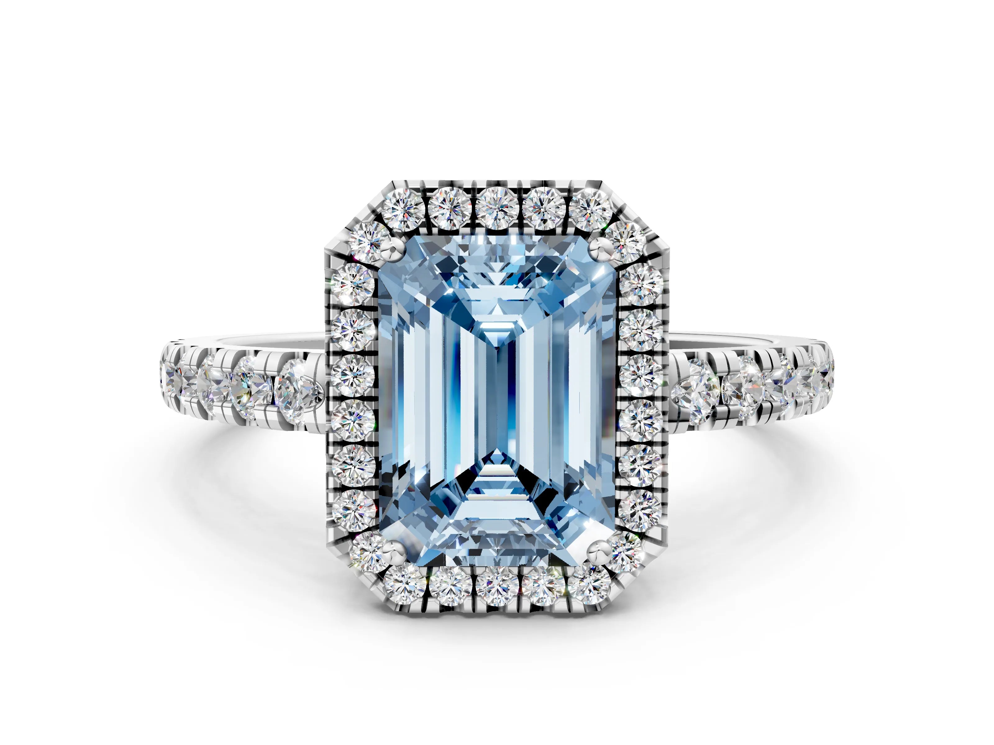 White gold Fancy Blue Emerald Cut Diamond Halo Ring with Pavé Band and Four-Prong Setting_12