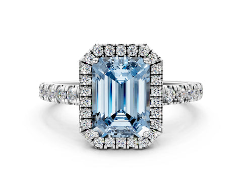 White gold Fancy Blue Emerald Cut Diamond Halo Ring with Pavé Band and Four-Prong Setting_12