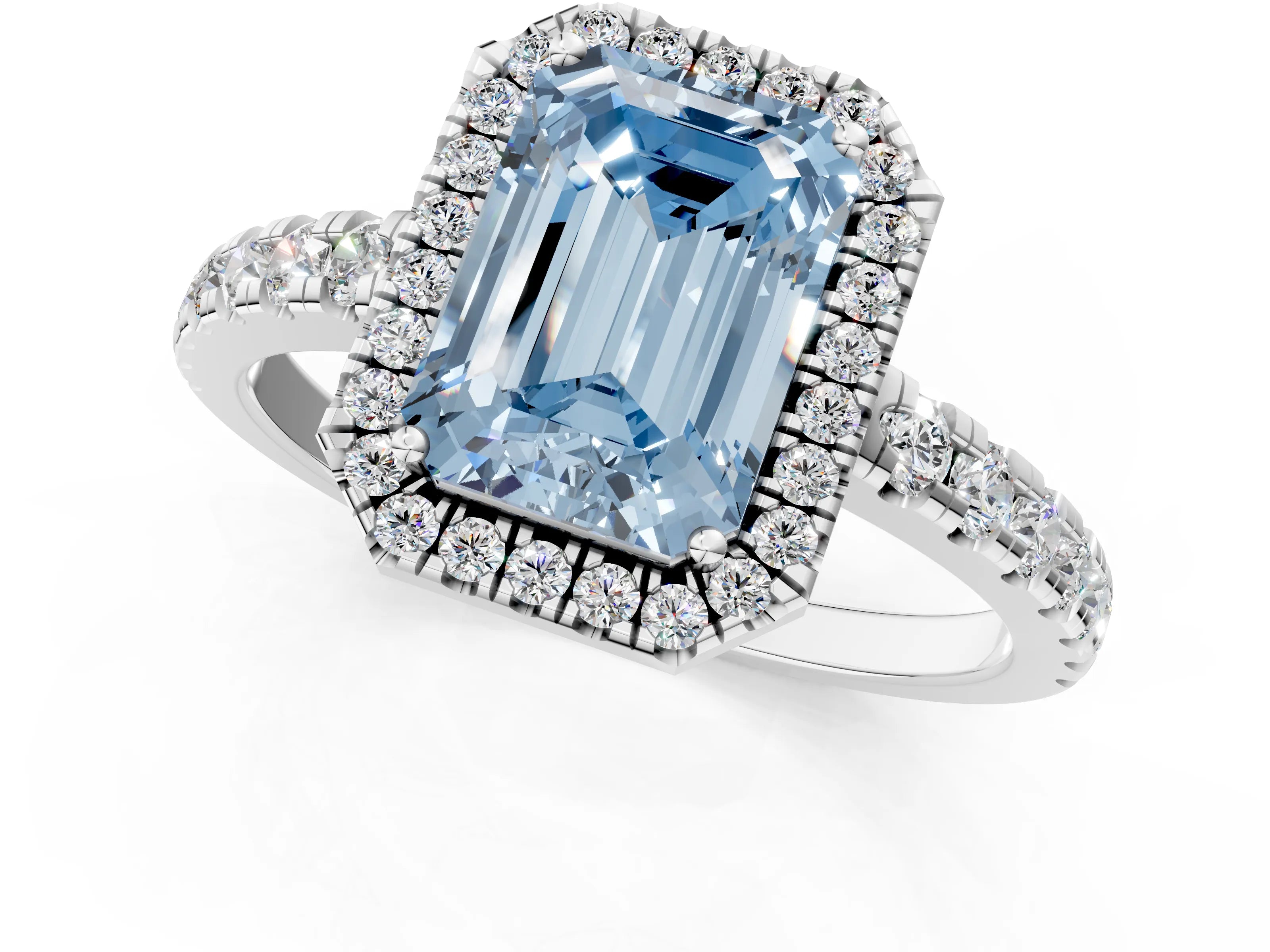 White gold Fancy Blue Emerald Cut Diamond Halo Ring with Pavé Band and Four-Prong Setting_13
