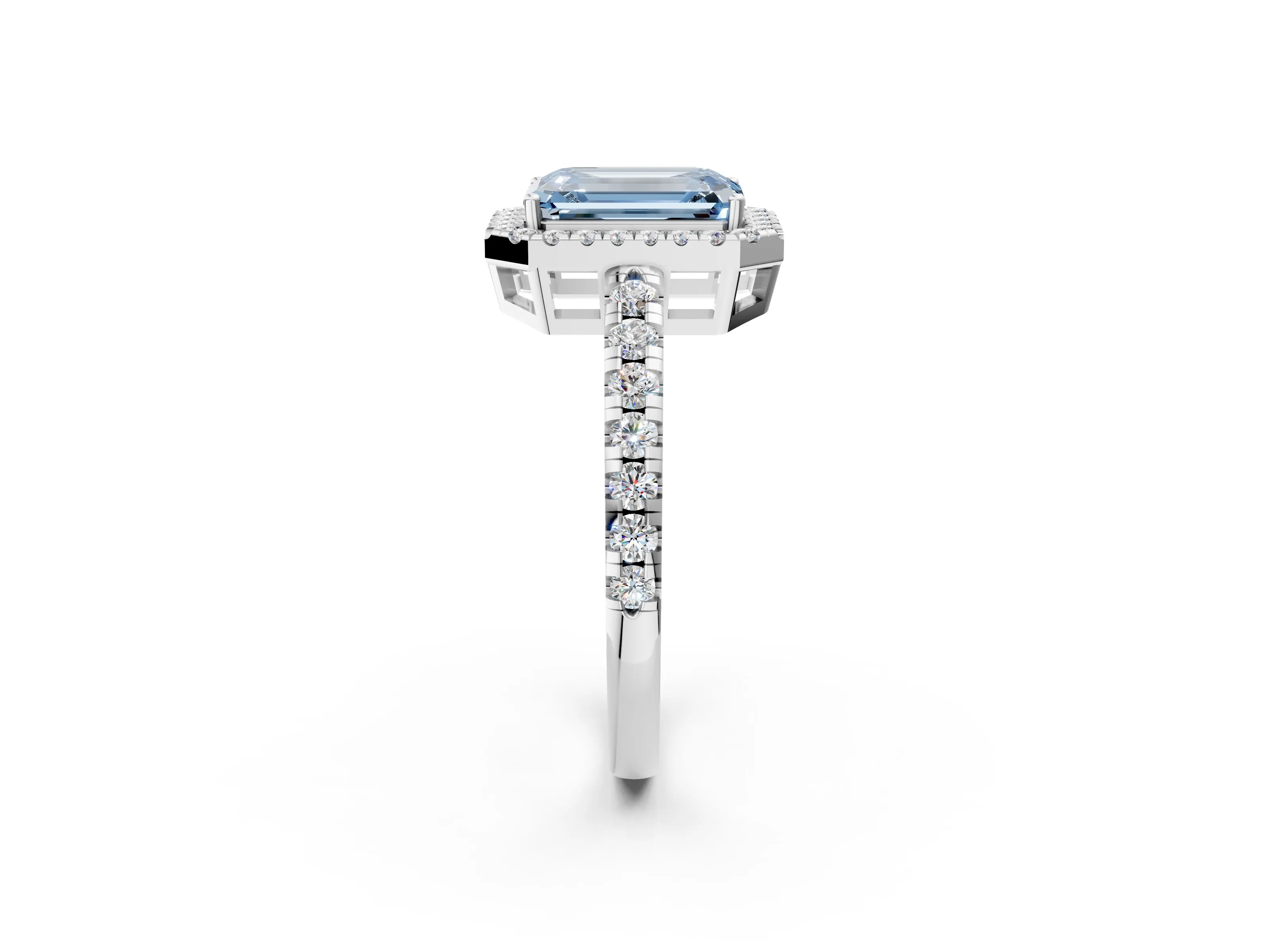 White gold Fancy Blue Emerald Cut Diamond Halo Ring with Pavé Band and Four-Prong Setting_14