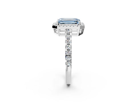 White gold Fancy Blue Emerald Cut Diamond Halo Ring with Pavé Band and Four-Prong Setting_14