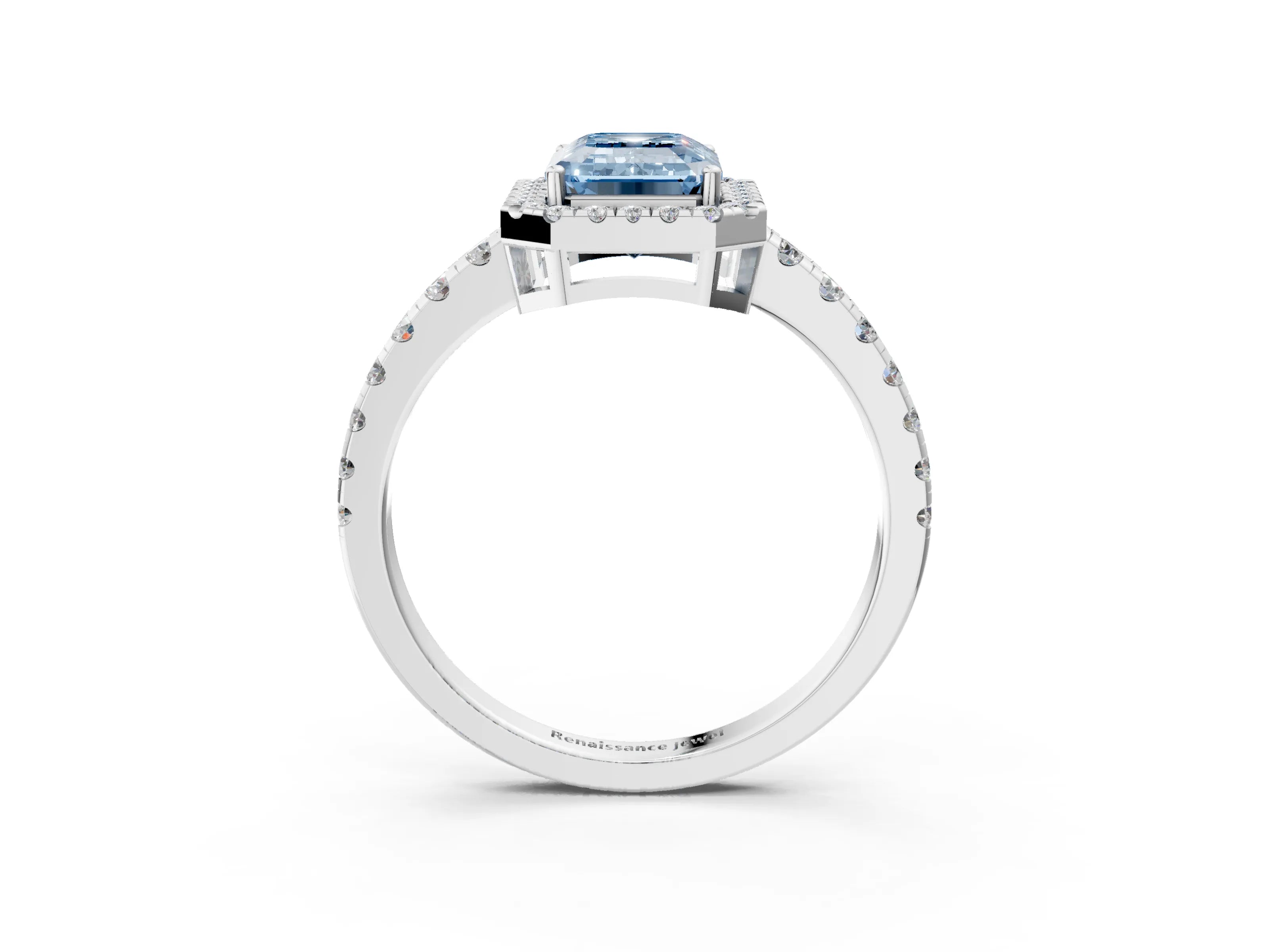 White gold Fancy Blue Emerald Cut Diamond Halo Ring with Pavé Band and Four-Prong Setting_15