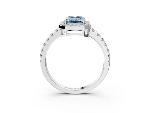 White gold Fancy Blue Emerald Cut Diamond Halo Ring with Pavé Band and Four-Prong Setting_15