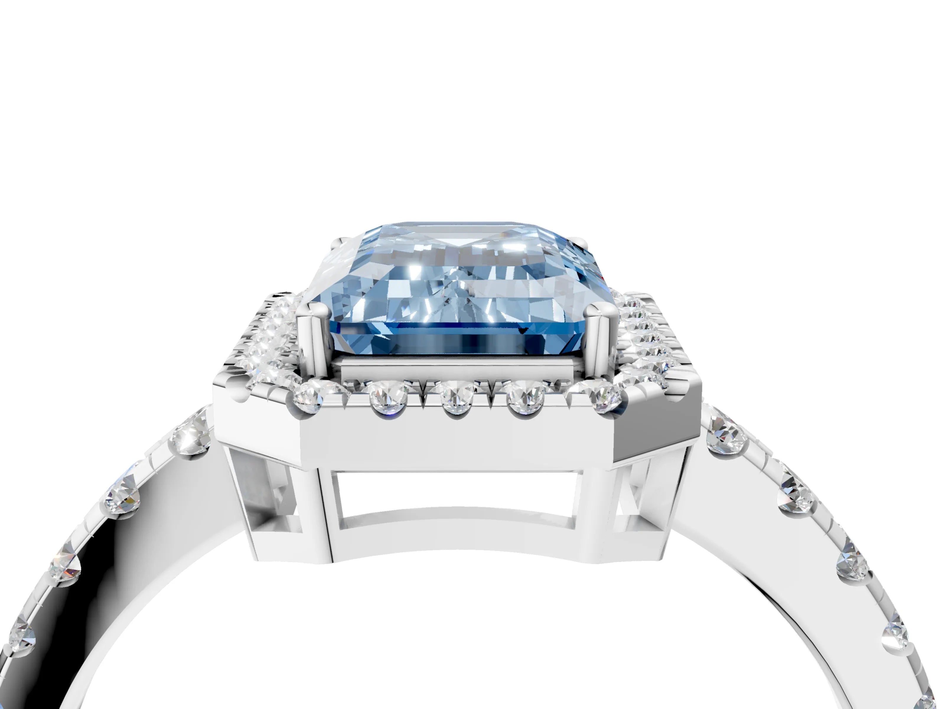 White gold Fancy Blue Emerald Cut Diamond Halo Ring with Pavé Band and Four-Prong Setting_16
