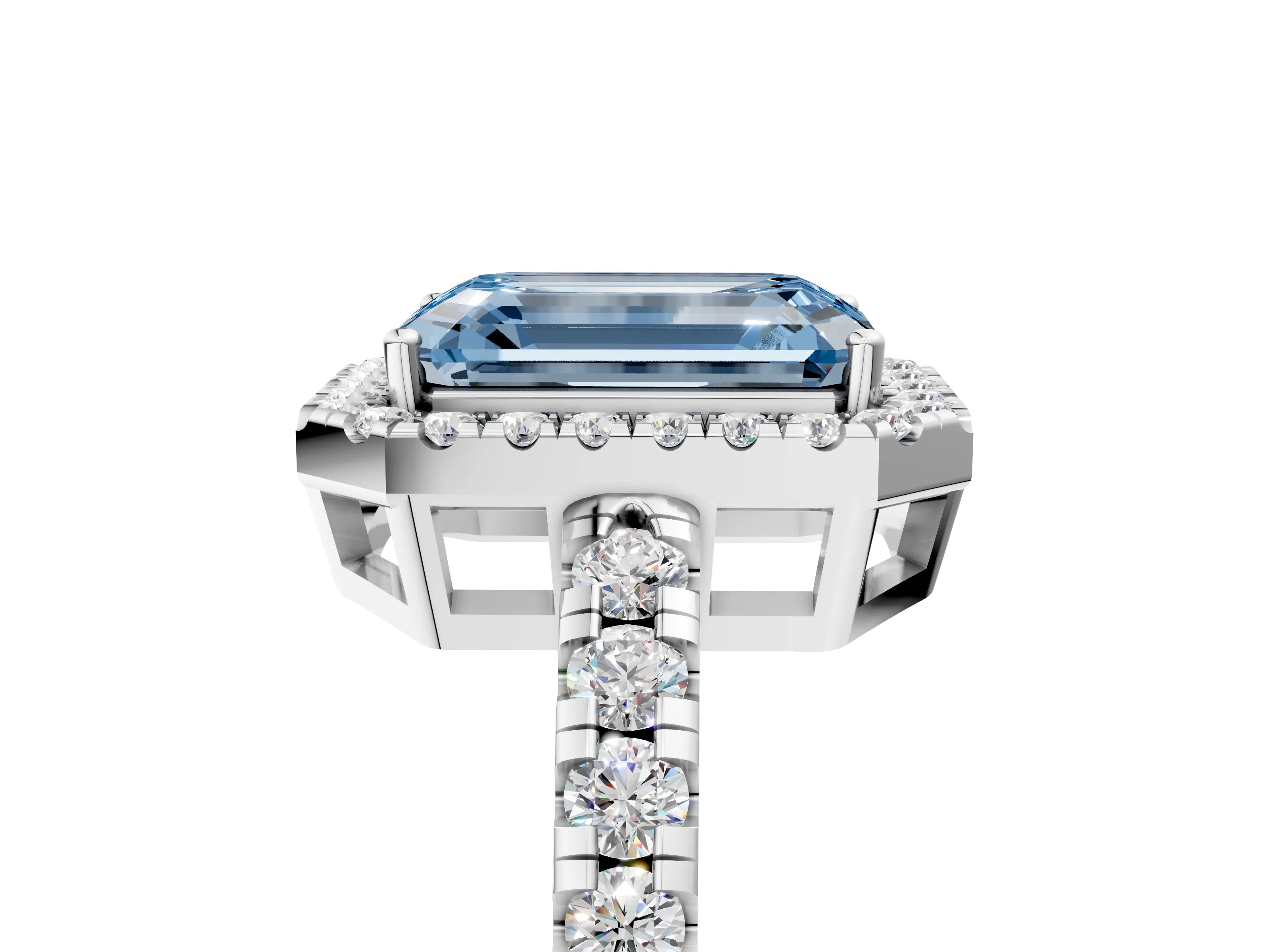 White gold Fancy Blue Emerald Cut Diamond Halo Ring with Pavé Band and Four-Prong Setting_17