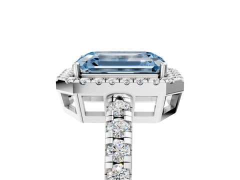 White gold Fancy Blue Emerald Cut Diamond Halo Ring with Pavé Band and Four-Prong Setting_17