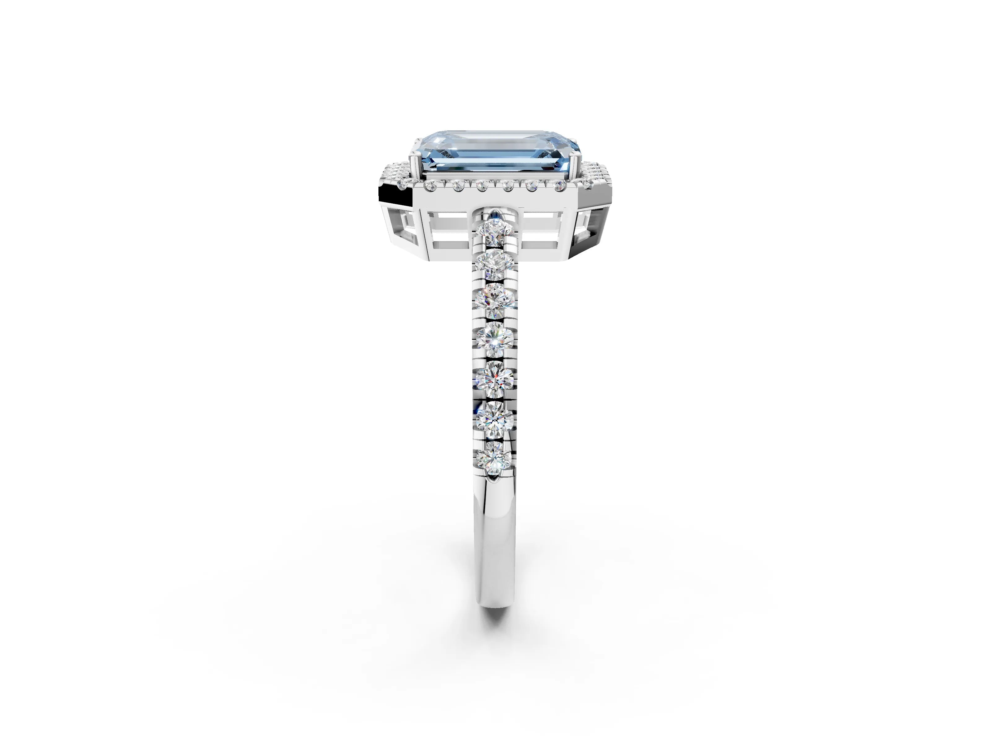 White gold Fancy Blue Emerald Cut Diamond Halo Ring with Pavé Band and Four-Prong Setting_2
