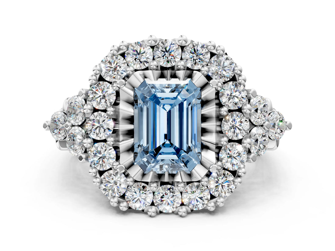 White gold Fancy Blue Emerald Cut Diamond Halo Ring with Pavé Band and Four-Prong Setting_53