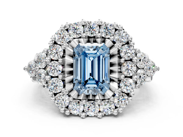 White gold Fancy Blue Emerald Cut Diamond Halo Ring with Pavé Band and Four-Prong Setting