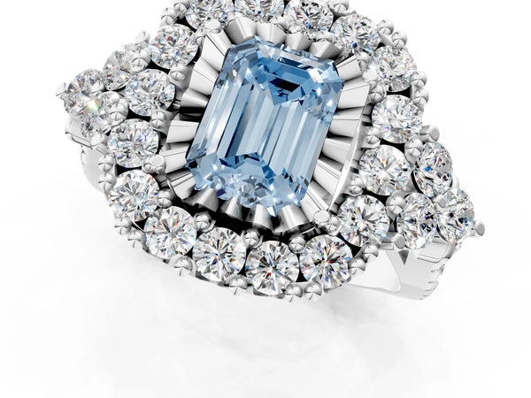 White gold Fancy Blue Emerald Cut Diamond Halo Ring with Pavé Band and Four-Prong Setting