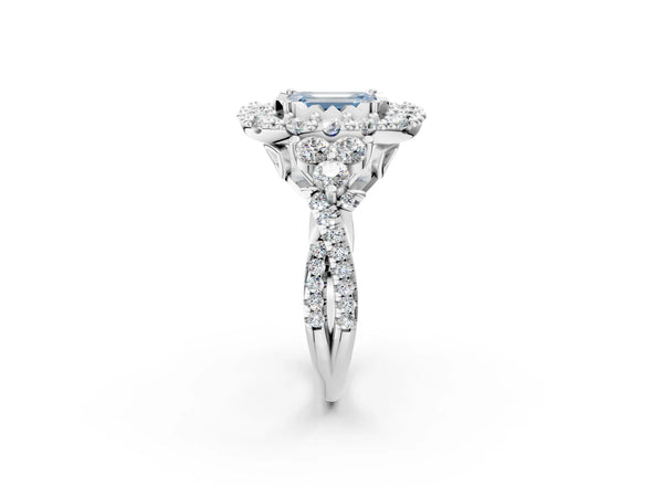 White gold Fancy Blue Emerald Cut Diamond Halo Ring with Pavé Band and Four-Prong Setting